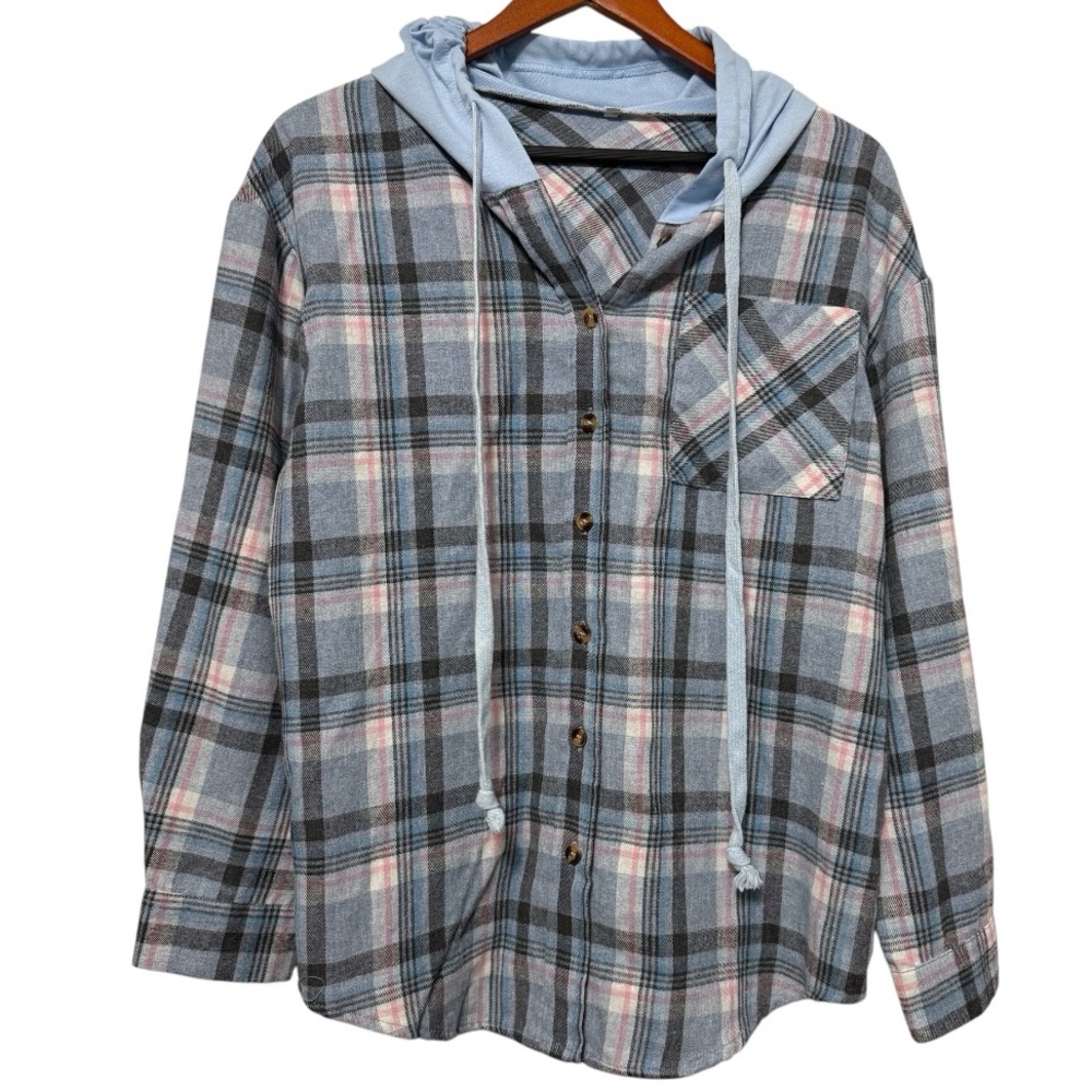 Plaid Hooded Long Sleeve Button Up Shirt Women’s Small Sky Blue Pink Oversized